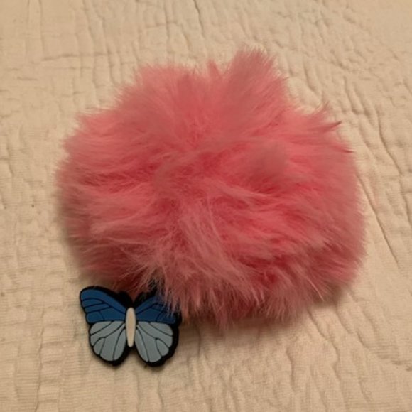 Pink Fluff Ball with Butterfly Key Chain - Picture 3 of 3